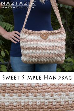 a crocheted handbag is shown with the words sweet simple handbag on it