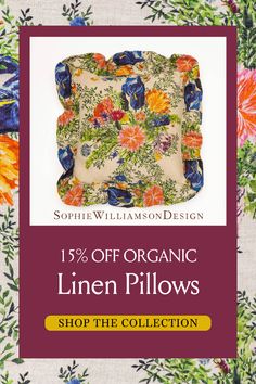 15% off organic linen pillows.  Shop the collection at Sophie Williamson Design.  Image shows multi colored printed ruffled pillow cover.  Shop now! Sustainable Home Decor