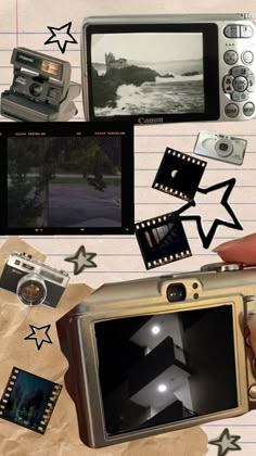 a hand holding a camera over a piece of paper with pictures flying out of it