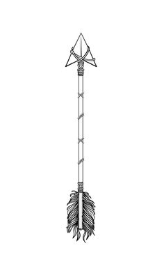 a black and white drawing of an arrow on a pole with feathers attached to it