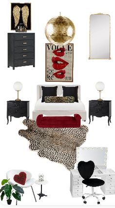 a room filled with furniture and decor on top of a white flooring covered in animal print