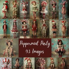 many different pictures of dolls with red and white striped clothes, hats, and stockings