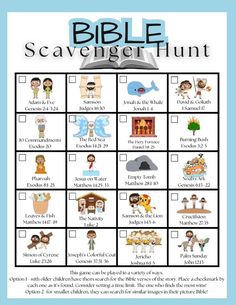 a printable bible scavenger that is filled with pictures and text on it