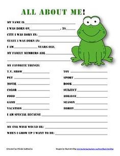 an all about me worksheet with a frog on it