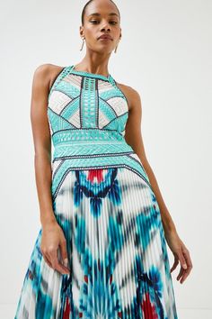 Geo Guipure Tie Dye Pleat Midi Pleated Multicolor A-line Midi Dress, Vibrant Print Blue V-neck Midi Dress, Luxury Tie-dye Summer Dresses, Navy Blue Heels, Sleeveless Tie-dye Summer Dress, Sleeveless Tie-dye Spring Dress, Lace Bodice, Karen Millen, Ocean Inspiration