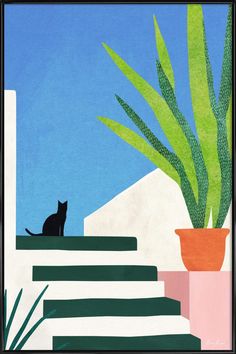 a painting of a cat sitting on steps next to a potted plant and houseplant