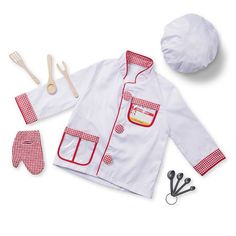 a chef's outfit is shown with utensils and other items for cooking