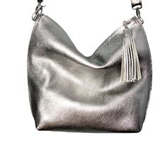 Metallic Shoulder Bag For Everyday Use, Silver Soft Leather Travel Shoulder Bag, Silver Soft Leather Shoulder Bag For Travel, Metallic Satchel Shoulder Bag For Everyday Use, Everyday Silver Soft Leather Bag, Silver Hobo Bag With Removable Pouch For Travel, Silver Hobo Bag With Adjustable Strap For Everyday Use, Silver Leather Hobo Shoulder Bag, Metallic Leather Shoulder Bag For Everyday