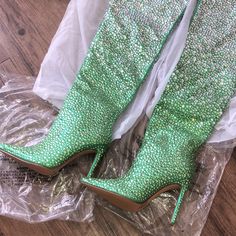 Azelea Wang Money Green Long Heel Boots Size 8.5 Condition- Brand New Money Green Badazzled All Over Skinny Heel Fire Boot 4 Inch Heel Elegant Green Pointed Toe Boots, Elegant Green Boots For Party, Designer Party Boots With Rhinestones, Long Heel Boots, Long Boots With Heels, Fire Boots, New Money, Azalea Wang, 4 Inch Heels