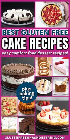 cheesecake, fruit cake, ice cream cake, strawberry cake, oreo cake and pumpkin roll cake are featured here Cheesecake Coffee Cake, Best Gluten Free Cake, Best Gluten Free Cake Recipe, Chocolate Cake Strawberry, Food Dessert Recipes, Cake Recipes Easy, Swiss Cake