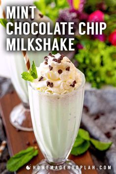 mint chocolate chip milkshake with text overlay