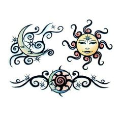 two sun and moon tattoos with swirl designs