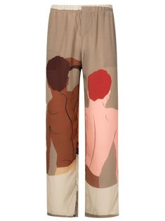 beige/multicolour silk elasticated waistband all-over graphic print straight leg Summer Wide Leg Graphic Print Pants, Summer Wide Leg Pants With Graphic Print, Wide Leg Pants With Graphic Print In Relaxed Fit, Graphic Print Pants For Summer Loungewear, Summer Graphic Print Lounge Pants, Summer Graphic Print Pants For Loungewear, Printed Relaxed Fit Ankle-length Pants, Relaxed Fit Printed Ankle-length Pants, Relaxed Fit Ankle Pants With Print