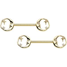 14 Gauge 9/16 Gold Tone Face Crescent Moon Barbell Nipple Ring Set You really can see a faces in the moon when you're rocking this 14 gauge nipple jewelry! It's made with 14mm gold tone PVD over 316L surgical grade stainless steel straight barbells. Each of the ends features a crescent moon charm. The moon's faces have simple features and are wearing a benevolent, somewhat sleepy expressions. Perched within the moon's circle is a tiny cross-shaped embellishment. If you can't go to the moon, let Tone Face, Tiny Cross, Jewelry Styles, Tongue Rings, In The Moon, Piercing Ring, Moon Charm, Belly Rings, Ear Jewelry