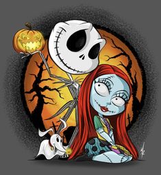 a cartoon character with long red hair sitting in front of a full moon and jack skelling