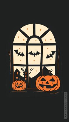 two pumpkins sitting in front of a window with bats flying out the windowsill