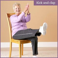 an older woman sitting in a chair with her feet up and the caption kick and clap