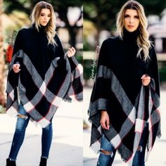 A Must Have For Any Poncho Lover!! 100% Acrylic Price Firm Poncho Wrap Shawl, Black Scarves, Fall Poncho, Hoodie Poncho, Kimono Beach Cover Up, Knit Poncho Sweater, Black Shrug, Cowl Neck Poncho, Turtleneck Poncho