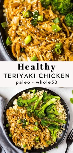 healthy teriyaki chicken with rice and broccoli in a black skillet