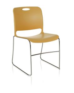 a yellow classroom chair with chrome frame and seat, viewed from the front on a white background