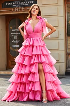 ZAPAKA Women Fuchsia Tiered Long Prom Dress Princess A-Line V-Neck Evening Party Dress With Slit Long Pink Birthday Dress, Adult Prom, Spring Soiree, Pagent Dresses, Prom Dresses Sparkly, Tiered Prom Dress, Lovely Partner, Floral Prom Dresses