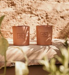 two brown candles sitting on top of a table