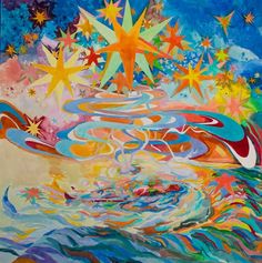 an abstract painting with stars and water