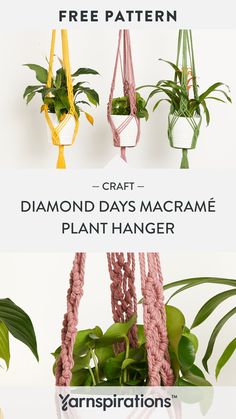 three hanging planters with plants in them and the text, free pattern craft diamond days macrame plant hanger