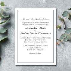 an elegant wedding card with eucalyptus leaves on the left and in the middle, there is a