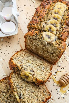 sliced loaf of banana bread on a cutting board