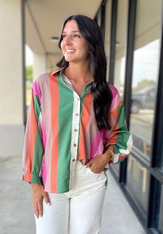 Get ready to stand out in the All That You Do Top! With its bold striped print, this top exudes fun and style. Pair it with denim shorts or jeans for a versatile look that can transition seamlessly from warm summer days to cool fall ones. Be bold, be stylish, be YOU! collared neck button down batwing 3/4 length sleeve lightweight 100% polyester medium measures: Bust 36" Length 25" Denim Leggings, Romper With Skirt, Dressy Casual, Be Bold, Hat Hairstyles, Summer Days, Denim Dress, Casual Tops, Clothes For Sale