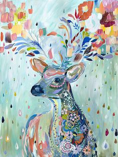 a painting of a deer with flowers on it's head