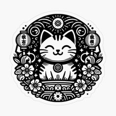 a black and white drawing of a cat with flowers around it's neck sticker