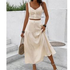 Button Detail Sweetheart Crop Top Maxi Skirt Set S M L Xl, 100% Polyester, Ships In 7-8 Days High Waisted Maxi Skirt Crop Top, Sweetheart Crop Top, Maxi Skirt Crop Top, Beach Crop Tops, Maxi Skirt Set, Deep Autumn, Caribbean Cruise, 8 Days, Button Shirt