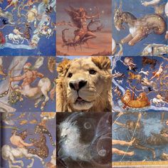 an animal's head is shown in front of a painting with angels and other animals on it