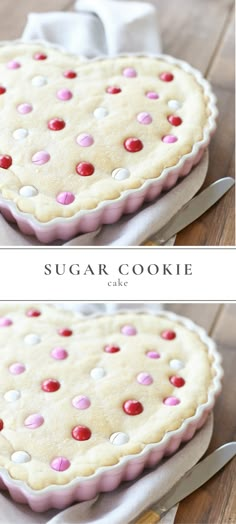 two pictures of a cake with pink and white polka dots on it