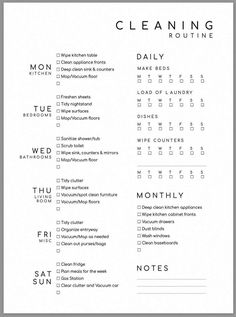 a printable cleaning checklist with the words clean and written in black on it