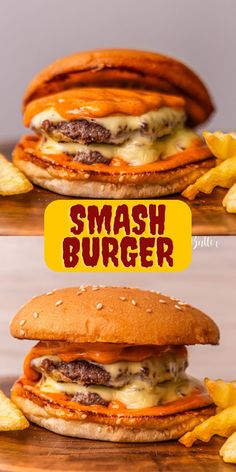 two cheeseburgers stacked on top of each other with the words smash burger above them