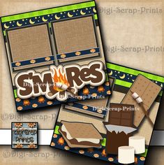 digital scrapbook page layouts with an image of smores on the front and back