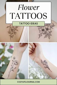 flower tattoos on the upper arm and lower arm, with text overlaying it