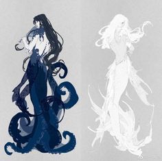 two drawings of mermaids, one in blue and the other in white