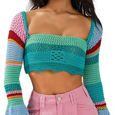 Women Color Block Knitted Crop Tops Y2k Long Flared Sleeve Square Neck Crochet Shirt 90s Streetwear Summer Tops New Without Tags. Size Large. Trendy Crochet Tops For Winter, Green Long Sleeve Crochet Top For Summer, Fitted Crochet Knitted Top For Spring, Trendy Fitted Crochet Sweater, Stretch Knitted Long Sleeve Tops, Long Sleeve Knit Crochet Top For Summer, Stretch Knit Long Sleeve Tops, Fitted Multicolor Open Knit Top, Knit Long Sleeve Crop Top For Summer