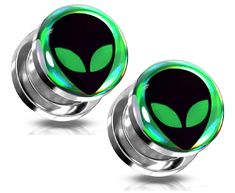 pair of green alien head plugs with black center and glow in the dark inside