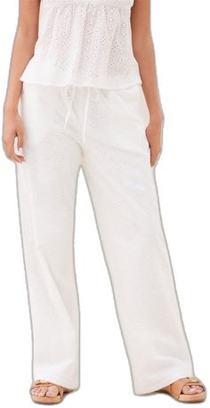 Summer Cotton Pants For Daywear, Cotton Drawstring Pants For Vacation, Beach Cotton Pants With Drawstring, Cotton Drawstring Bottoms For Vacation, White Cotton Bottoms With Eyelet Details, Casual Eyelet Bottoms For Summer, Eyelet Pants, Beck, Pacsun