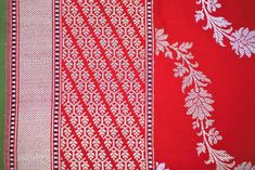 two red and white fabrics with designs on them