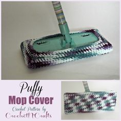 the mop cover is crocheted and has a handle for it to pull up