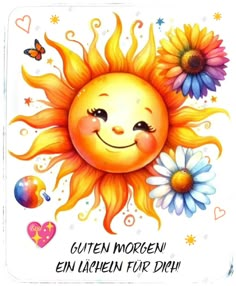 an image of a happy sun with flowers on it's face and the words written in german