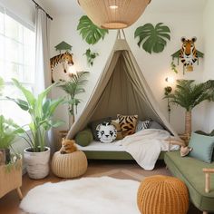 a bedroom with various plants and decorations on the walls, including a bed in a teepee tent