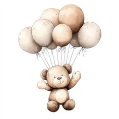 a teddy bear flying with balloons in the air