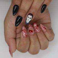 Halloween Michael Myers Nails, Micheal Myers’s Nails, Michael Myers’s Nails, Michael Myers Nails Halloween, Horror Movie Nails Short, Micheal Myers Nail Designs, Halloween Nails Michael Myers, Michael Myers Nails Acrylic